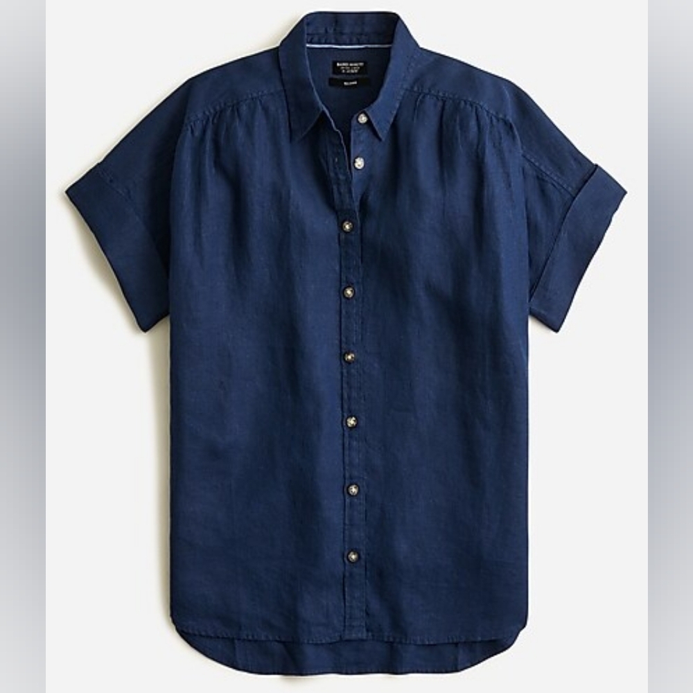 Short-Sleeve Button-Down Linen Shirt - Navy